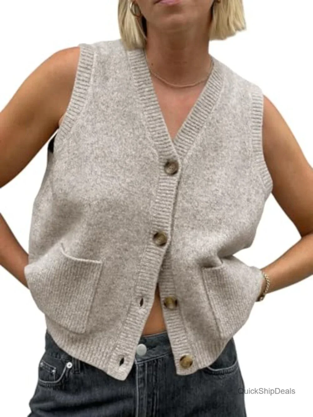 Sleeveless Sweater Vest Button V Neck Knit Casual Summer Cardigan with Pockets